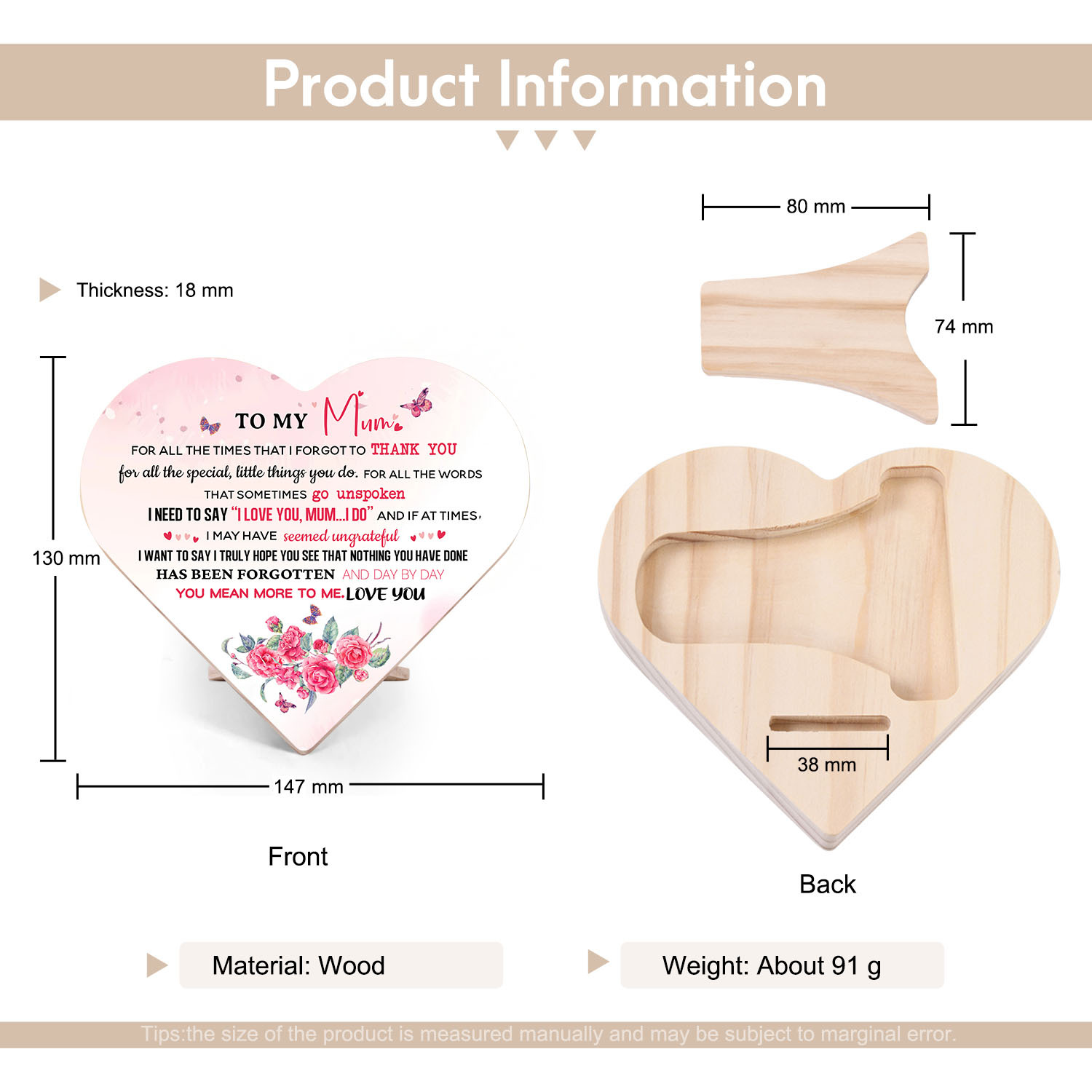 To My Mum Wooden Flowers Heart Keepsake Desktop Ornament "For all the times I forgot to thank you"-Jessemade AU