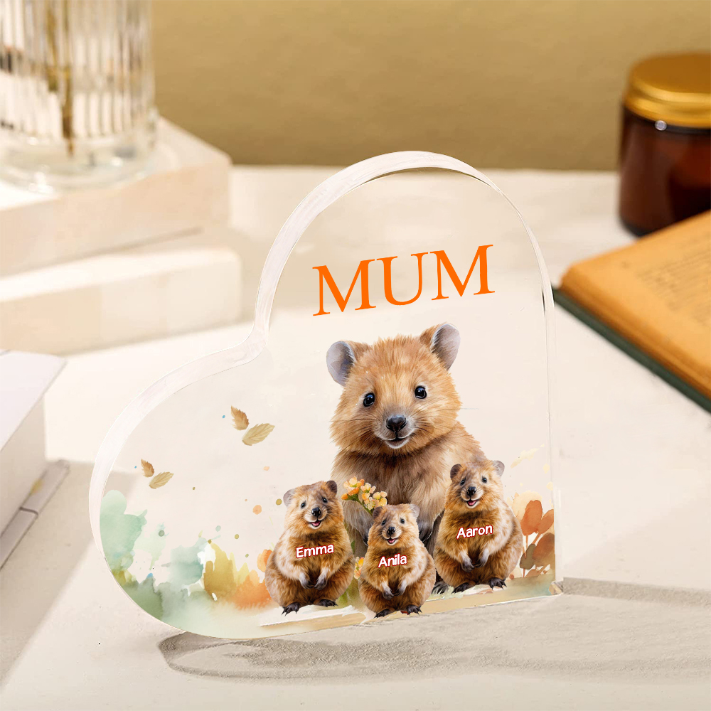 Personalised Acrylic Heart Keepsake Custom 1 Text & 3 Names Ornament Quokka Family Gift for Mother/Grandma-Jessemade AU
