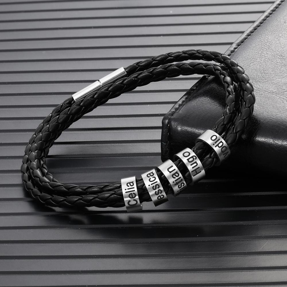 Leather Braided Bracelet Men Bracelets Personalised 5 Names 5 Beads Gifts For Dad-Jessemade AU