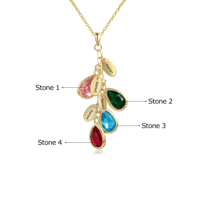 Personalised Leaf Necklace With 4 Heart Birthstones Engraved Names Gift For Her-Jessemade AU