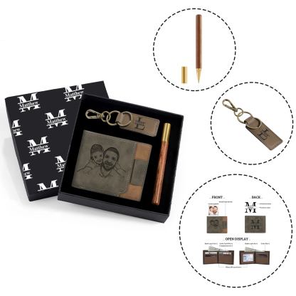 Personalised 1 Photo & 3 Names & 3 Letters Gift Set Custom Wallet & Keychain & Pen Gift Box Set Father’s Day Gift for Him-Jessemade AU