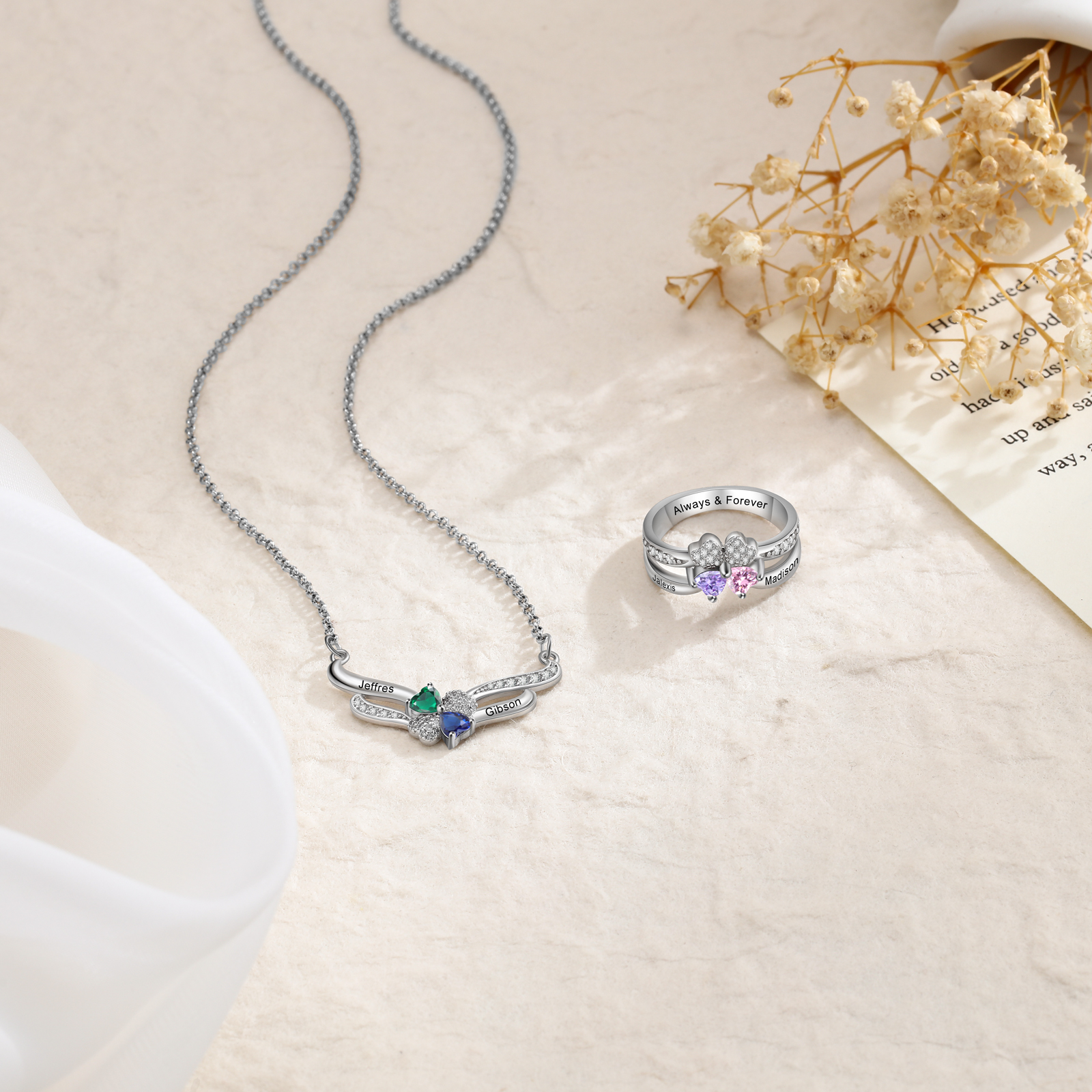 Personalised Ring With 2 Birthstones Engraved Names Ring Best Gift For Women-Jessemade AU