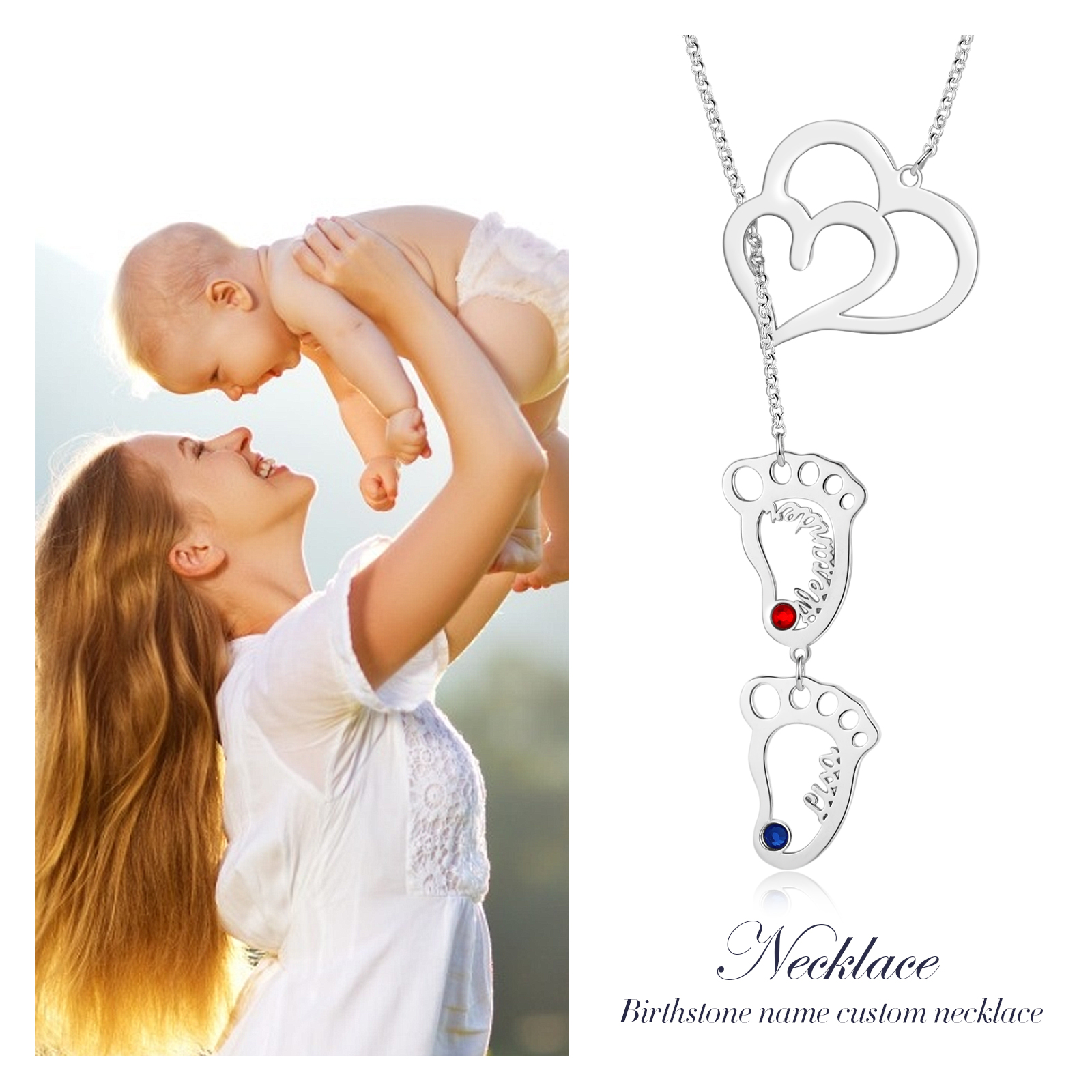 Personalised Baby Foot Necklace With Birthstones Custom 2 Names Necklace Gift For Mother-Jessemade AU