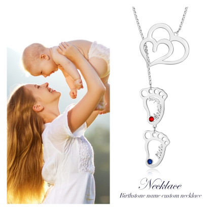 Personalised Baby Foot Necklace With Birthstones Custom 2 Names Necklace Gift For Mother-Jessemade AU