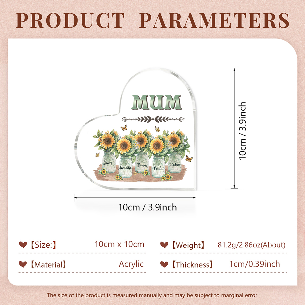 Personalised Acrylic Heart Keepsake Custom 5 Names & 1 Text Sunflower Vase Ornament Gifts for Mother/Grandma-Jessemade AU
