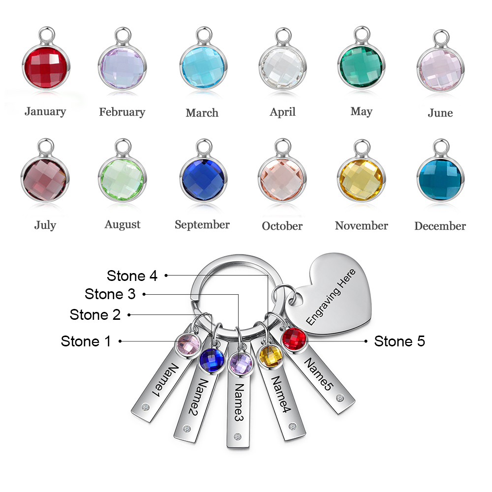 Personalised Birthstone Keychain Engraved 5 Names Keychain Gifts For Her-Jessemade AU