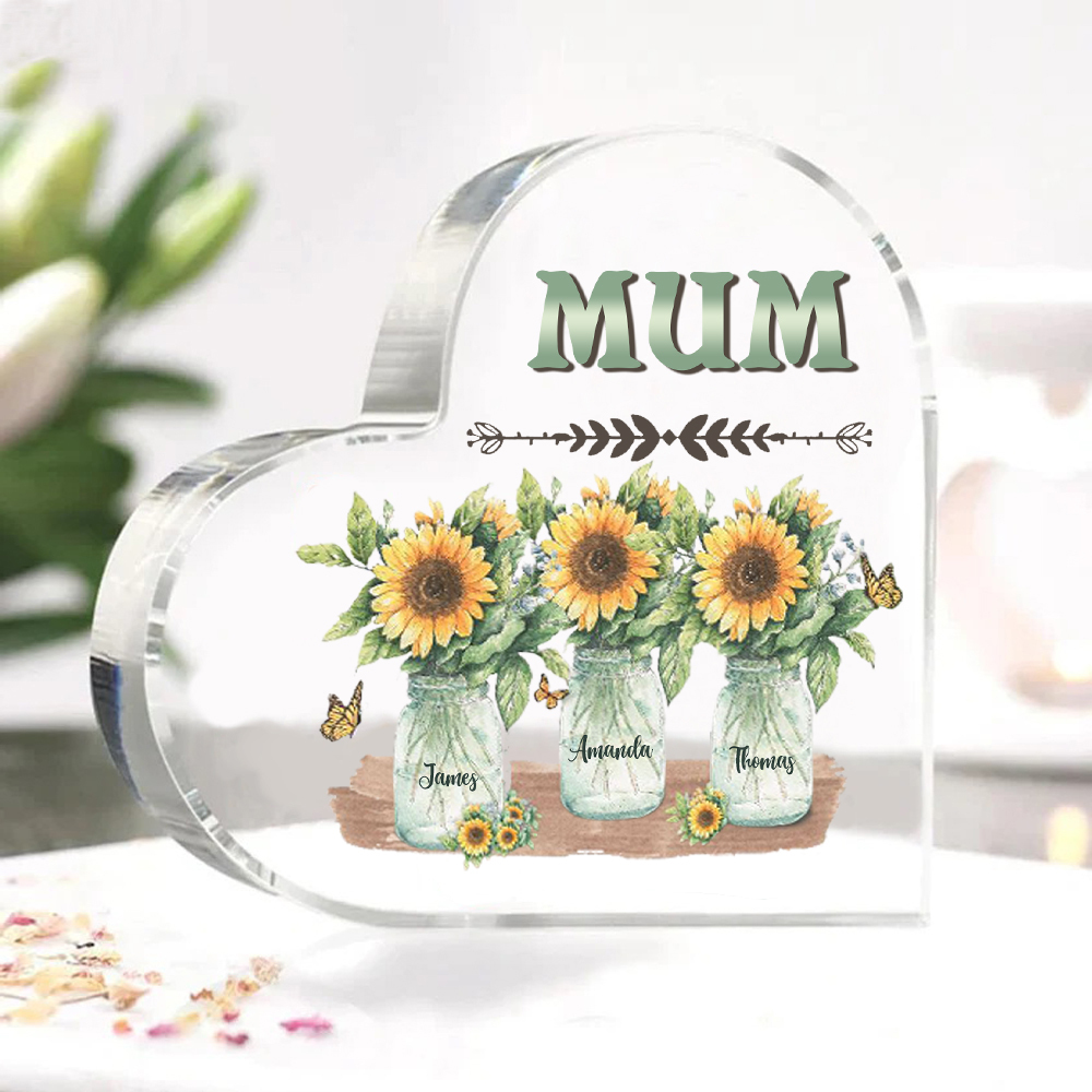 Personalised Acrylic Heart Keepsake Custom 3 Names & 1 Text Sunflower Vase Ornament Gifts for Mother/Grandma-Jessemade AU