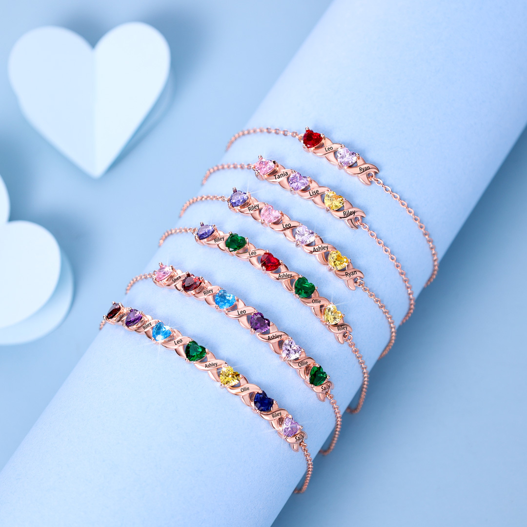 Family Custom Bracelet Heart Personalised with 5 Birthstones Gift Box Set-Jessemade AU
