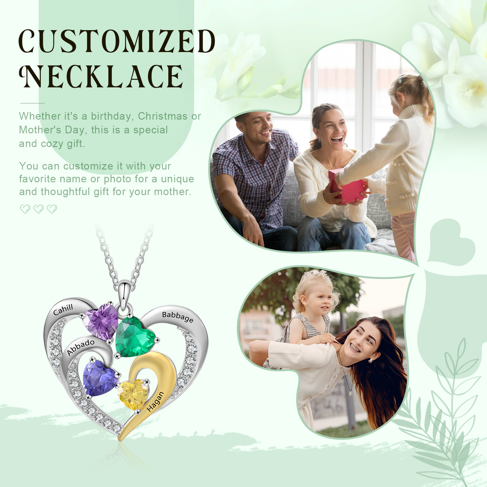 Personalised Intertwined Heart Pendant Necklace Custom 4 Birthstones & 4 Names Necklace Gifts for Her-Jessemade AU