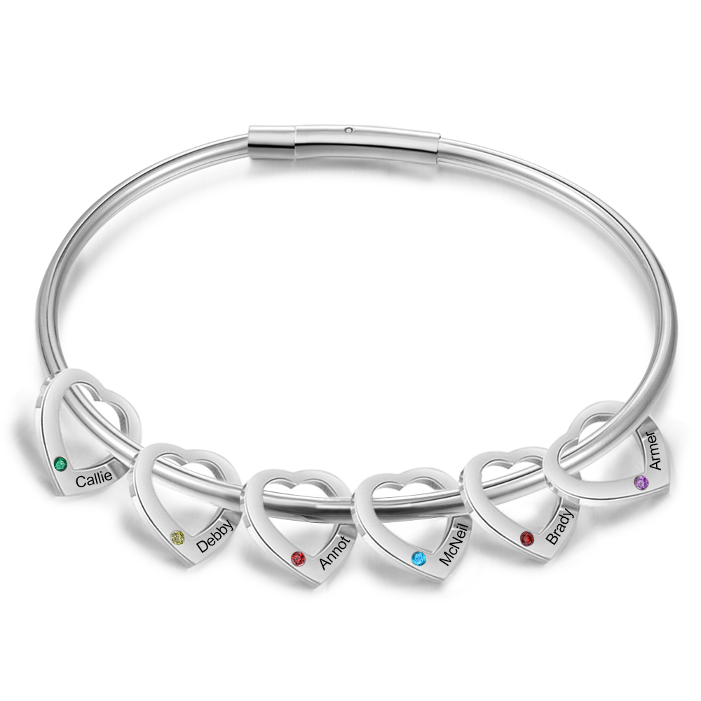 Personalised Heart Bracelet With 6 Birthstones Engraved Names Bracelet Gift For Women