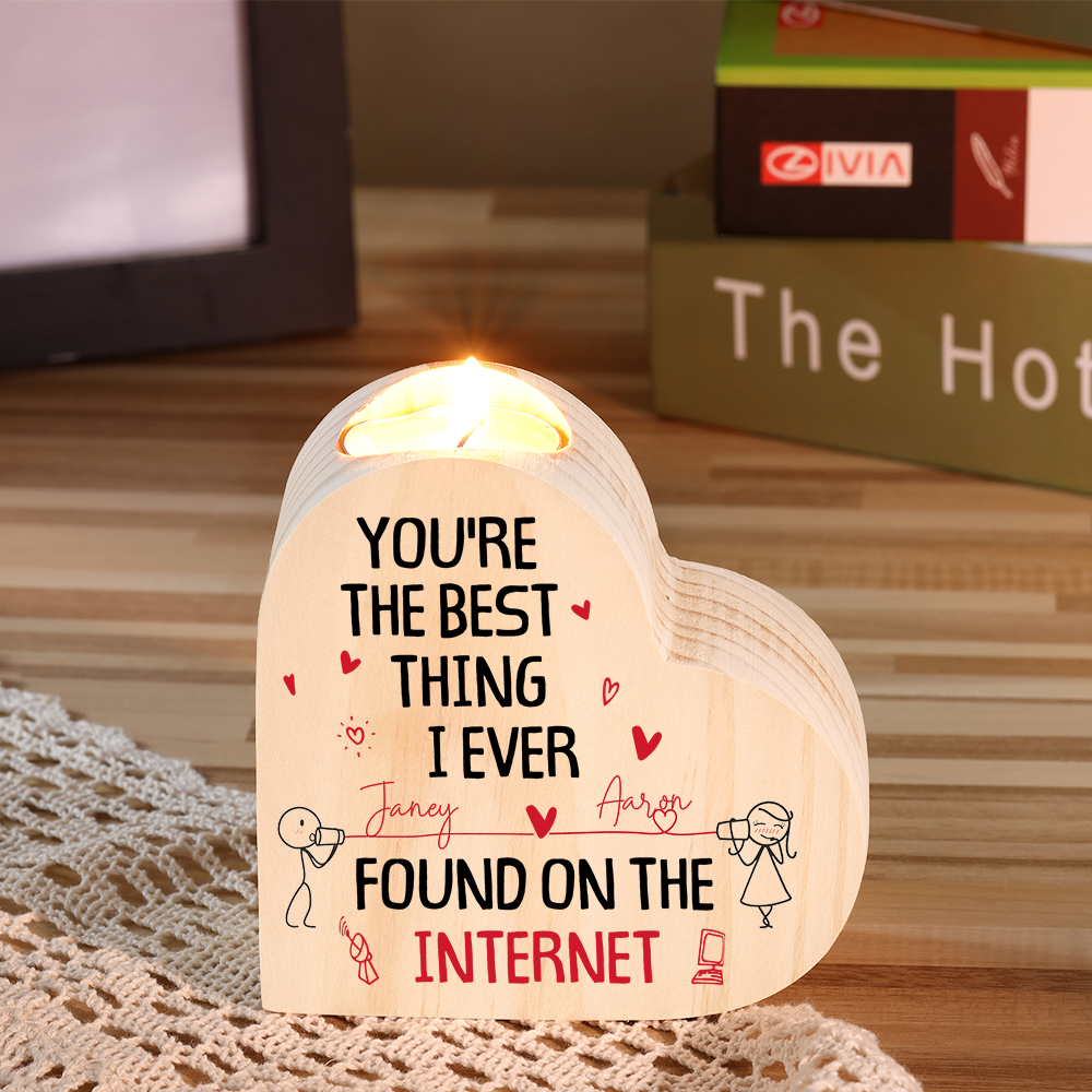 Line Art Couple Candle Holder Custom 2 Names Wooden Candlesticks Valentine's Day Gifts - You're The Best Thing I Ever Found On The Internet-Jessemade AU