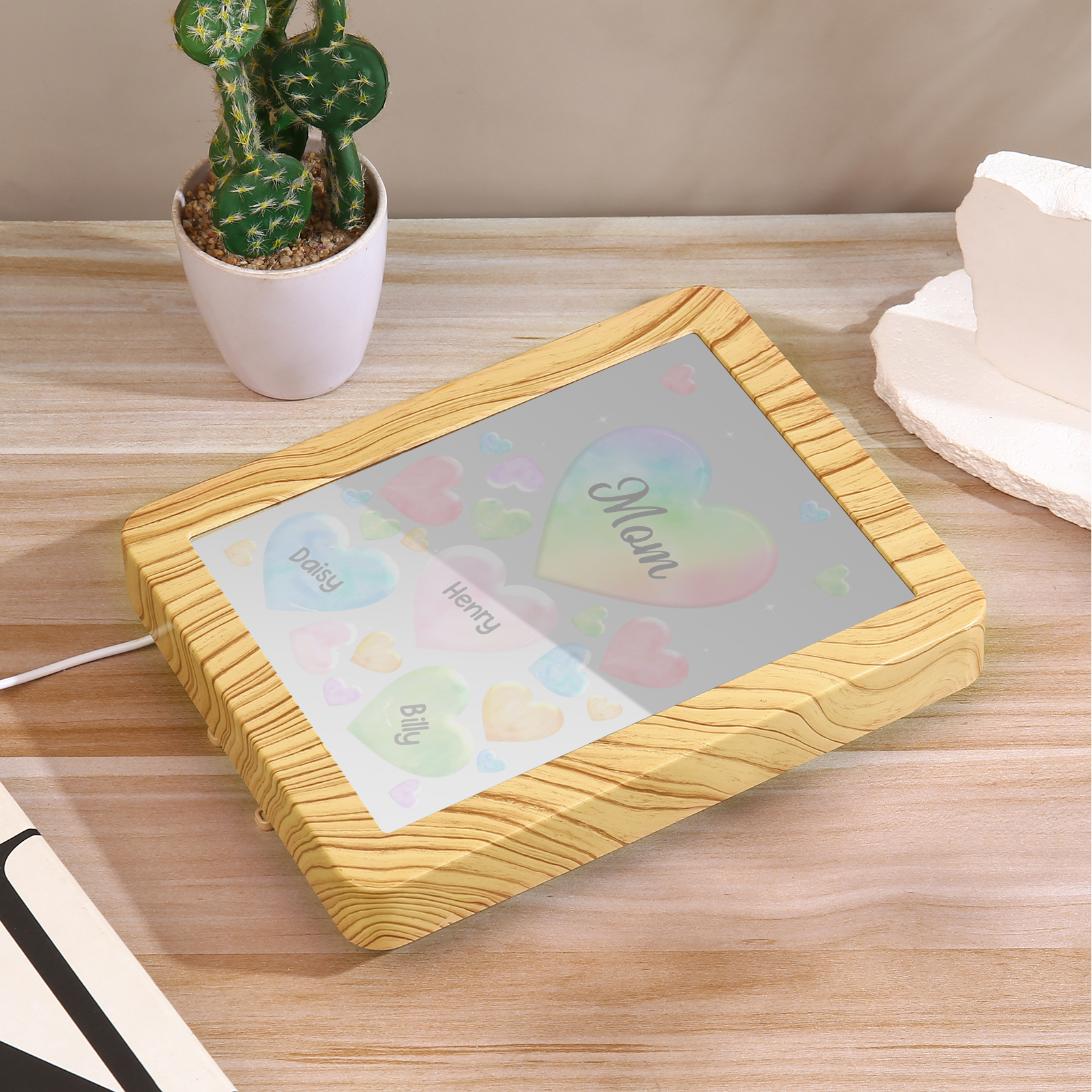 Personalised Night Light Mirror Frame Custom 1 Text & 3 Names Colourful Hearts Family LED Lamp Gift for Grandma/Mother-Jessemade AU