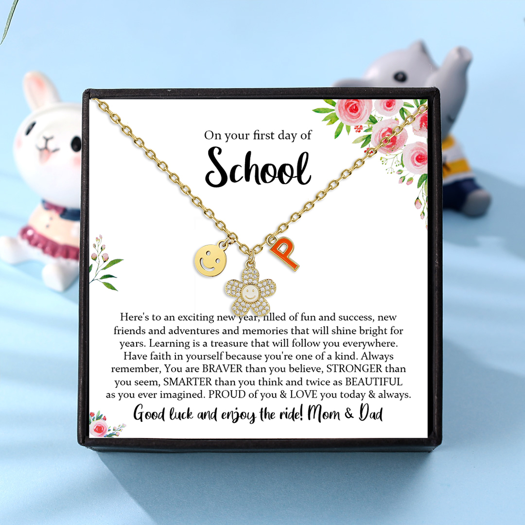 Back To School Personalised Smile and Flower Necklace Custom Birthstone and Initial Necklace-Jessemade AU