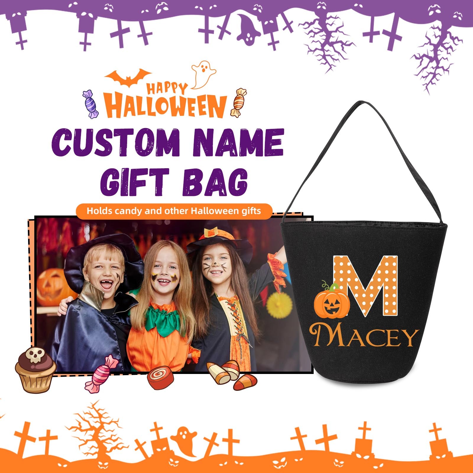Personalised Halloween Tote Bags Custom 1 Name 1 Letter Bucket Bag Black Pumpkin Candy Bag-Jessemade AU