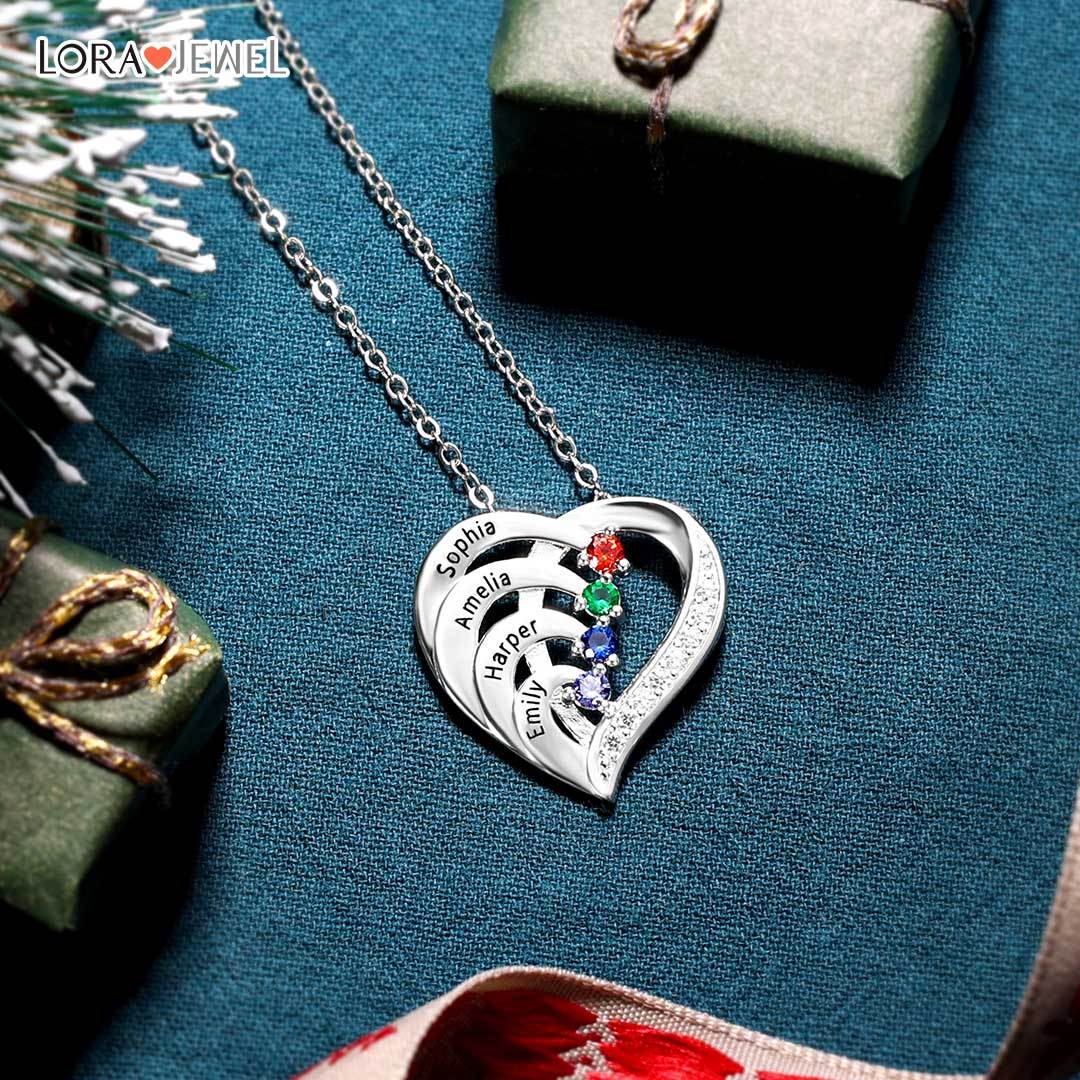 Personalised Mother Necklace Engraved 3 Names 3 Birthstone Intertwined Heart Pendant