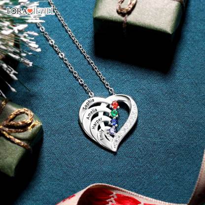 Personalised Mother Necklace Engraved 3 Names 3 Birthstone Intertwined Heart Pendant