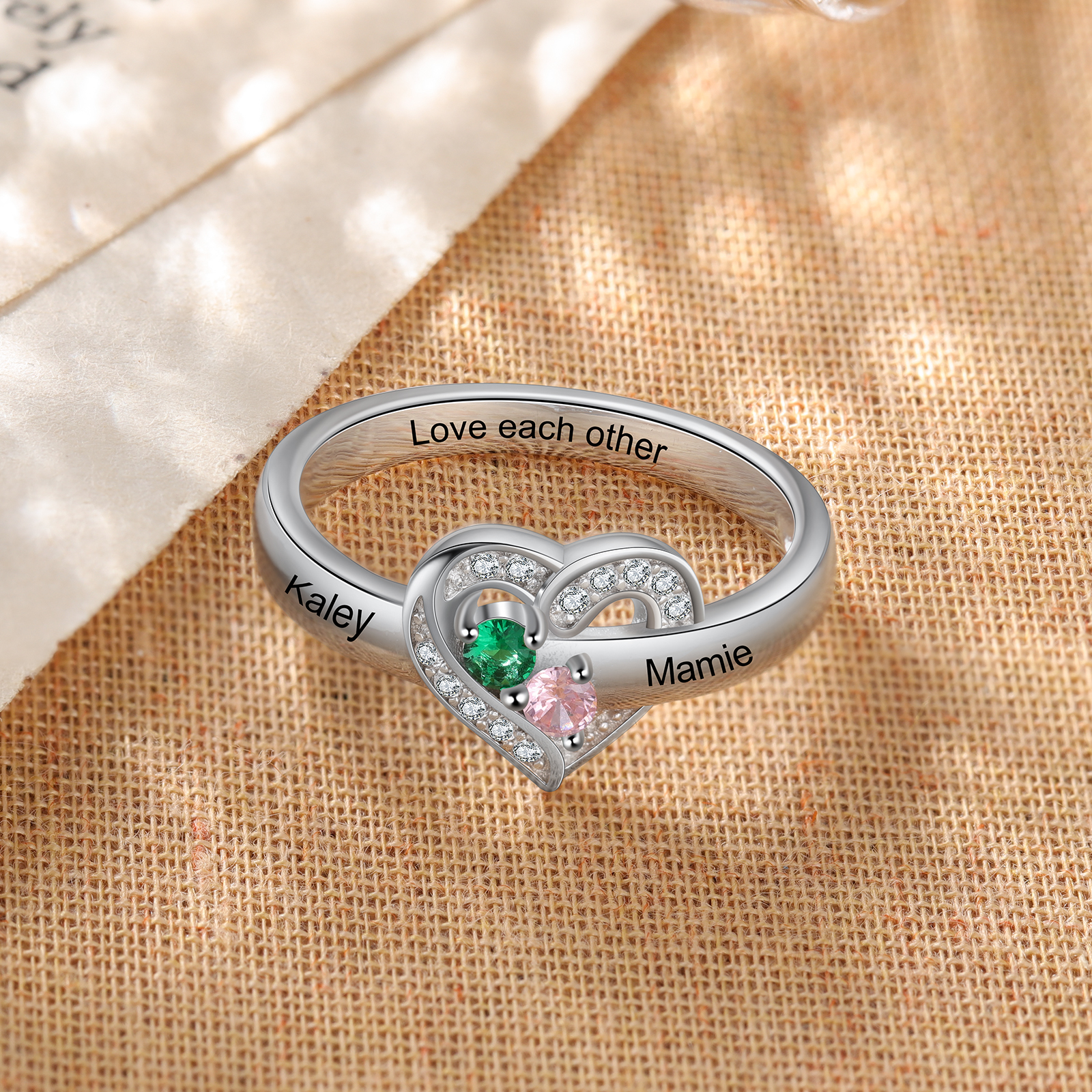 Personalised Heart Ring With 2 Birthstones Engraved Names Ring Gift For Women-Jessemade AU