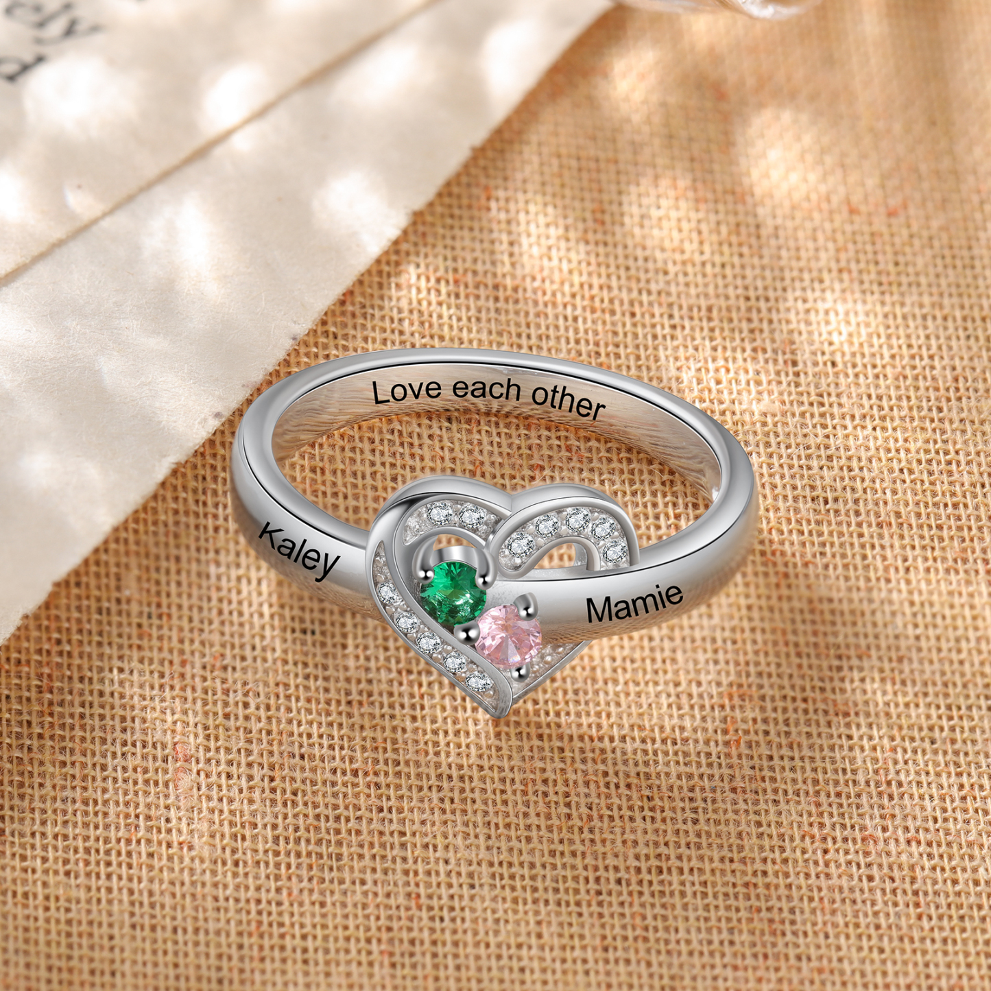 Personalised Heart Ring With 2 Birthstones Engraved Names Ring Gift For Women-Jessemade AU