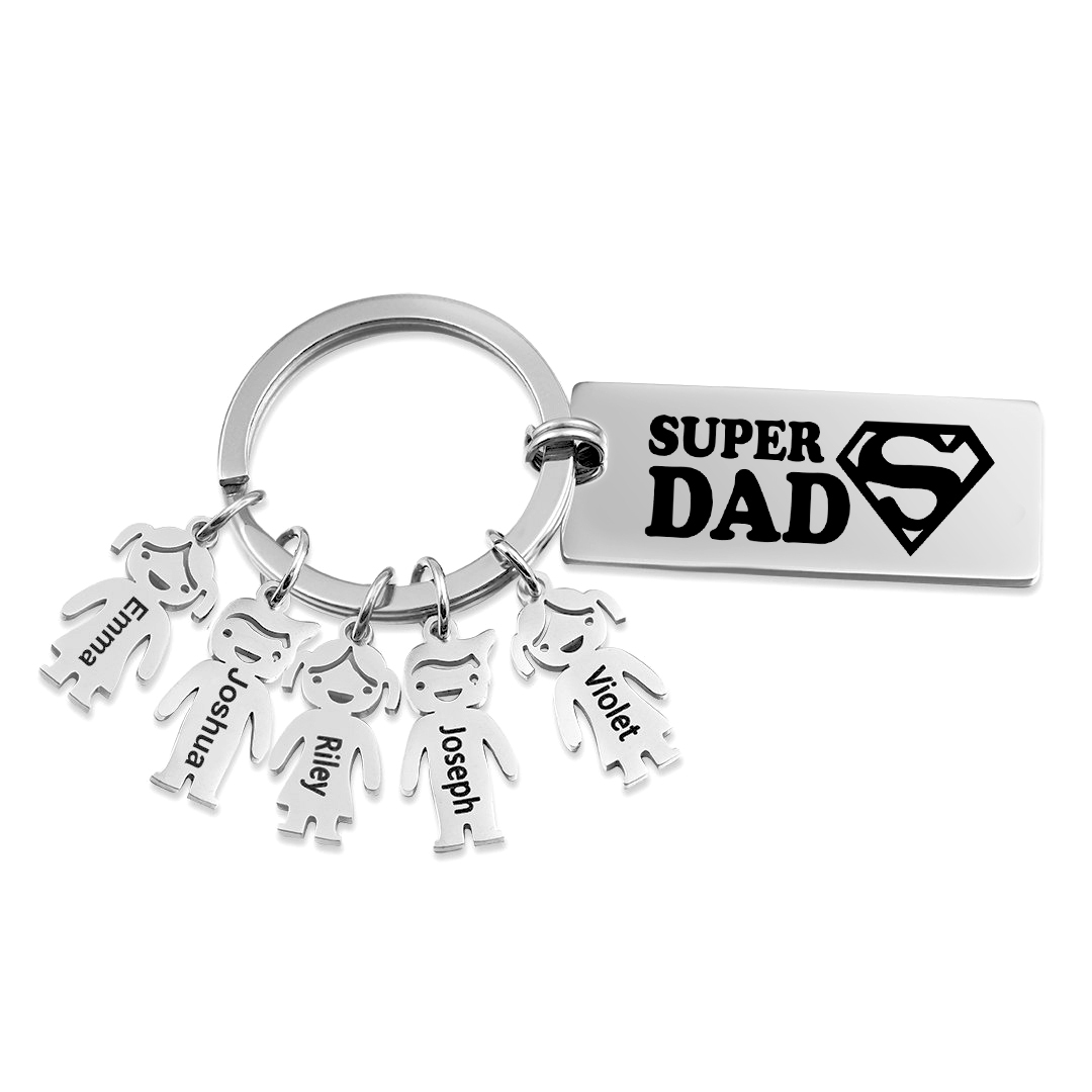 Father's Day Gift Personalised Super Dad Keychain Engraved 5 Kid Charms-Jessemade AU
