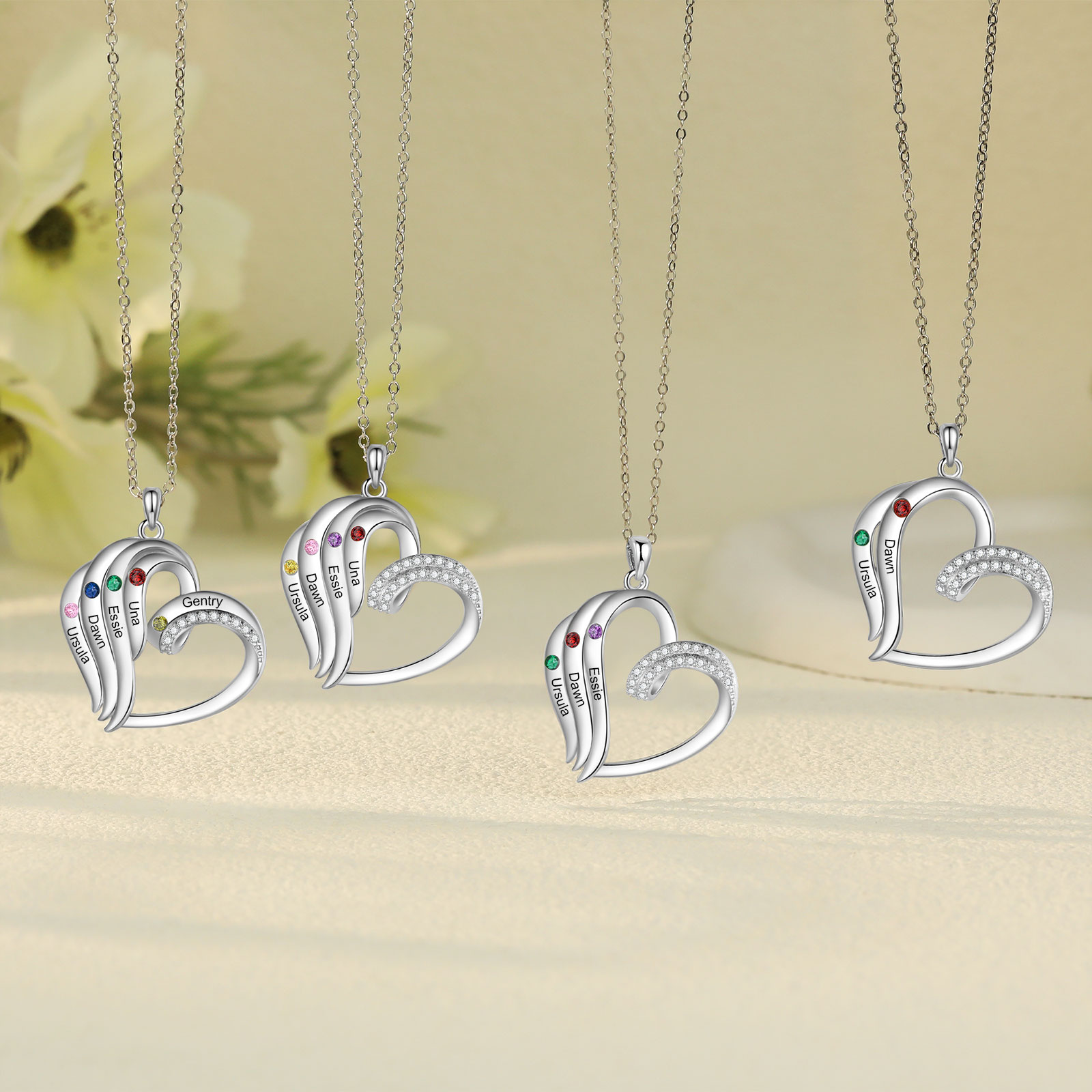 Personalised Heart Pendant Necklace Custom 4 Birthstones Engraved 4 Names Necklace Gift for Her-Jessemade AU