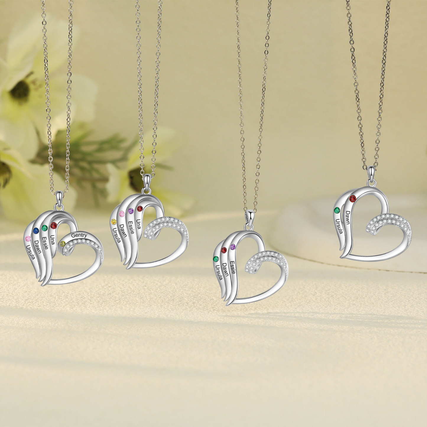 Personalised Heart Pendant Necklace Custom 4 Birthstones Engraved 4 Names Necklace Gift for Her-Jessemade AU