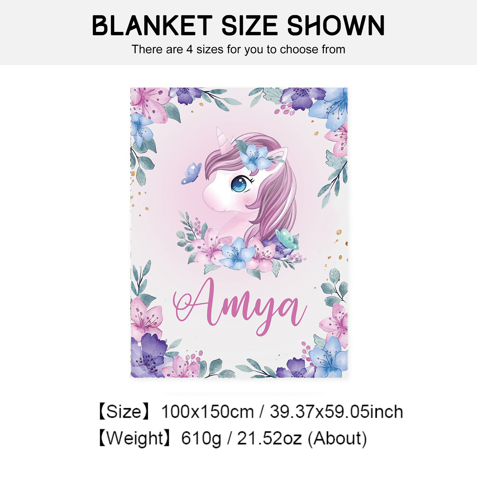Personalised Flower Unicorn Blanket Custom Name Cute Cartoon Blanket-Jessemade AU