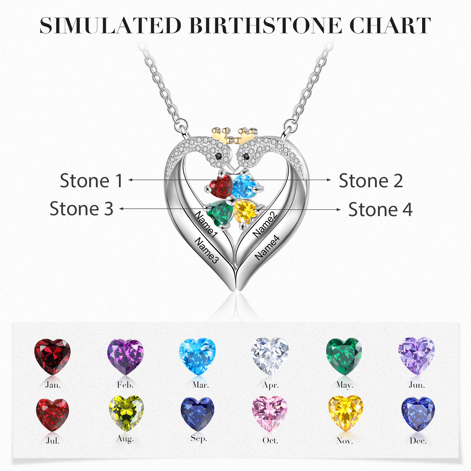 Personalised Heart Swan Necklace With 4 Birthstones Engraved Names Necklace Gifts For Her-Jessemade AU