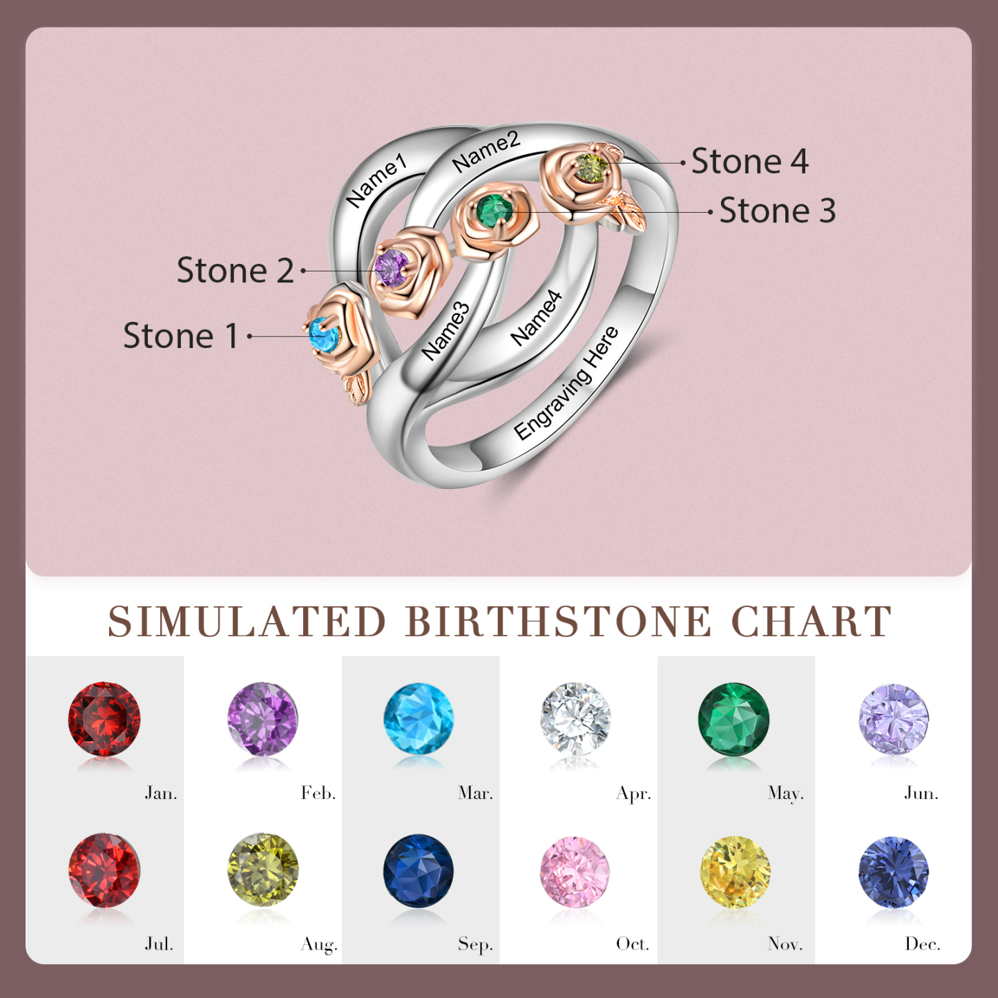 Personalised Rose Ring With 4 Birthstones Engraved Names Ring Gift For Women-Jessemade AU
