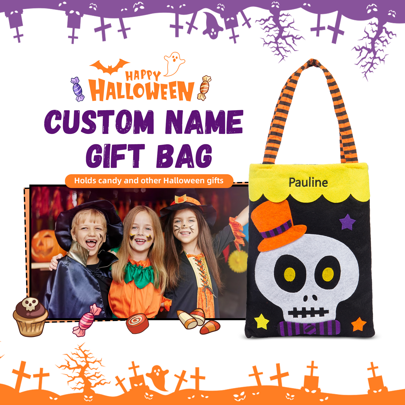 Personalised Halloween Tote Bags Custom 1 Name Tote Bag Halloween Candy Bag for Kids-Jessemade AU