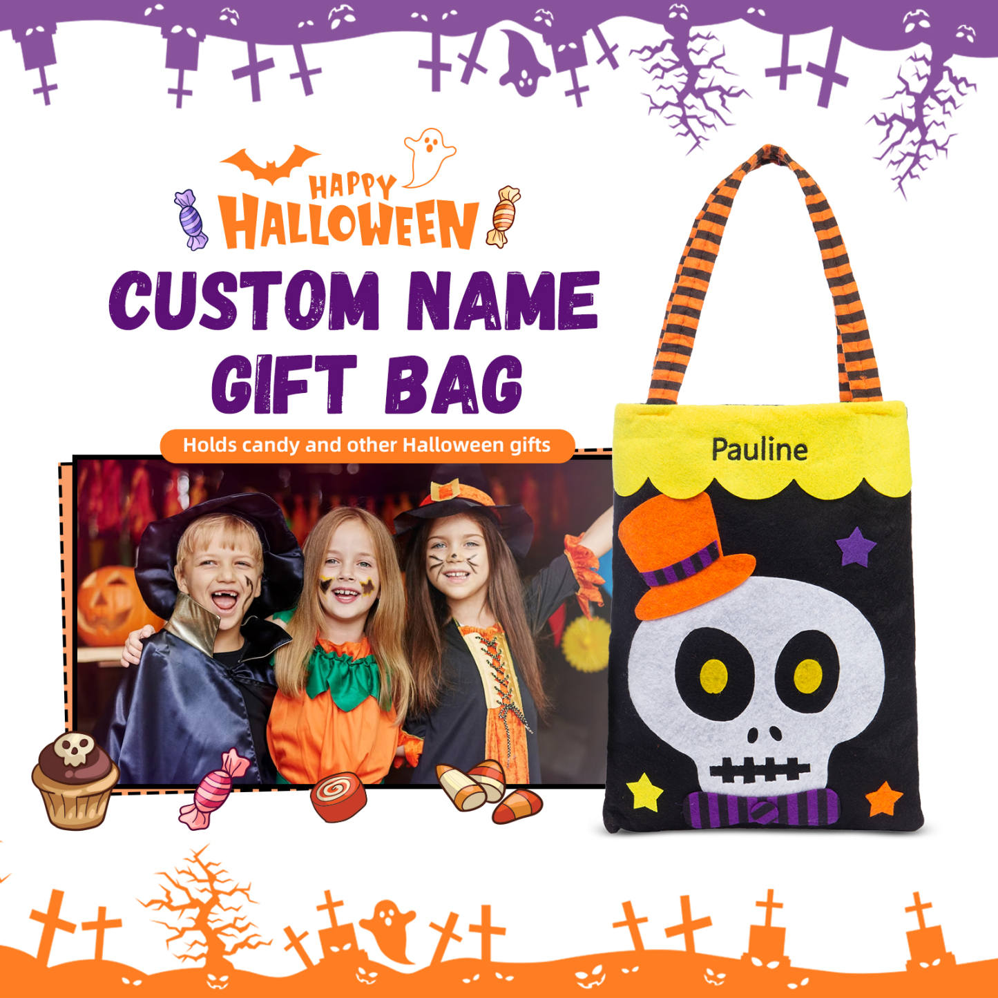 Personalised Halloween Tote Bags Custom 1 Name Tote Bag Halloween Candy Bag for Kids-Jessemade AU