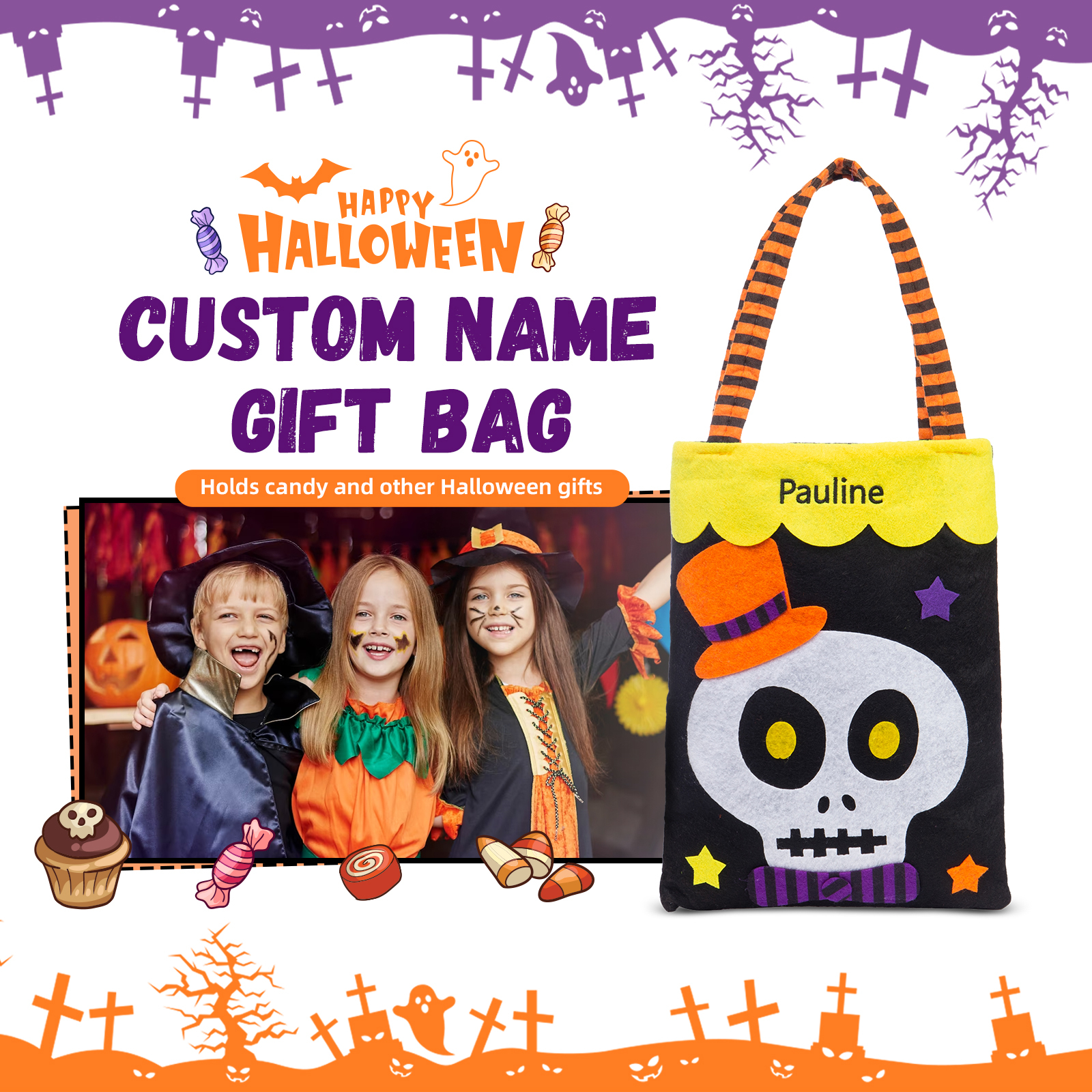 Personalised Halloween Tote Bags Custom 1 Name Tote Bag Halloween Candy Bag for Kids-Jessemade AU