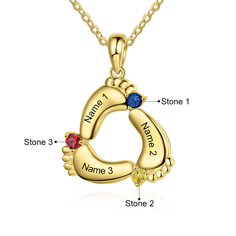 Personalised Baby Feet Necklace With 3 Birthstones Engraved Names Gift For Mother-Jessemade AU