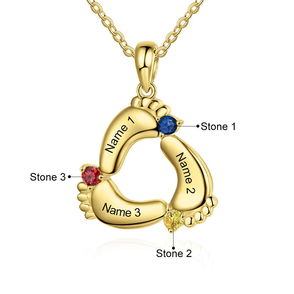 Personalised Baby Feet Necklace With 3 Birthstones Engraved Names Gift For Mother-Jessemade AU