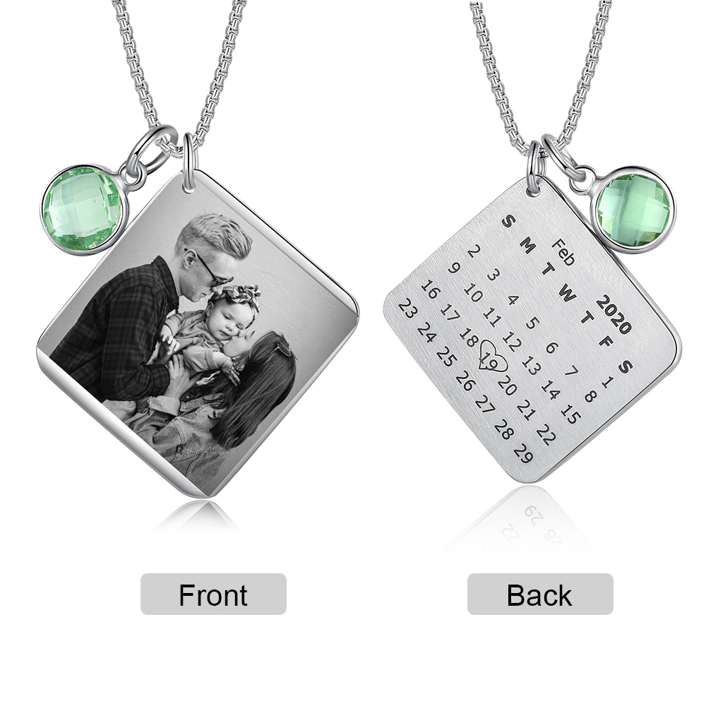 Personalised Calendar Tag Necklace With Birthstone Custom 1 Photo Gifts For Her-Jessemade AU
