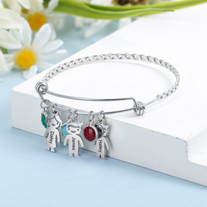 Mother's Day Personalised Kid Charms Bangle Bracelet With Names Customised 2 Birthstones Gift For Women-Jessemade AU