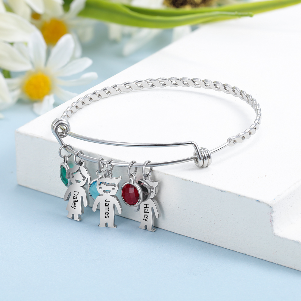 Personalised Kid Charms Bangle Bracelet With Names Customised 5 Birthstones Gift for Her-Jessemade AU