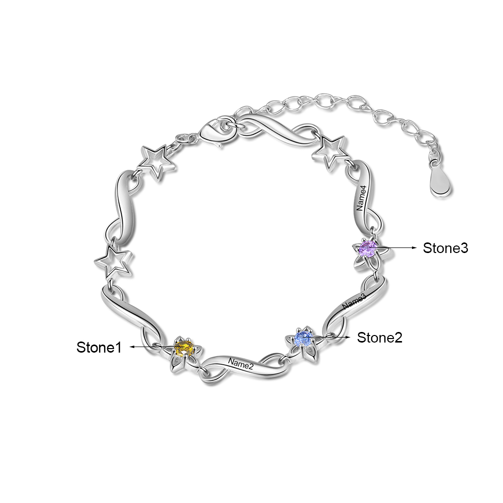 Personalised Star Bracelet With 3 Birthstones Engraved Names Bracelet Gift For Women-Jessemade AU