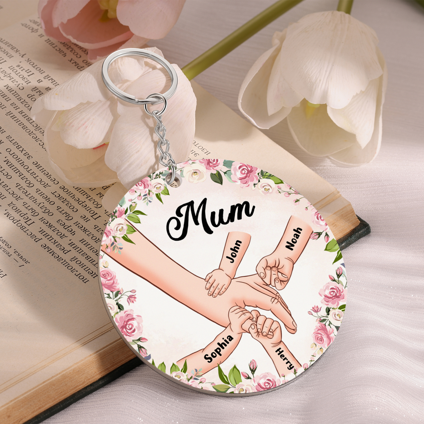 4 Names - Personalised Acrylic Keychain Custom 1 Text Holding Hands Family Hanging Ornaments Gift for Mum/Grandma-Jessemade AU