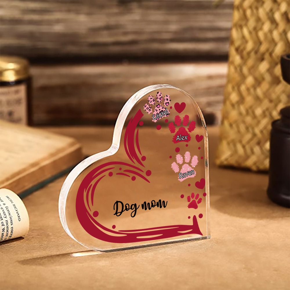 Personalised Text Acrylic Heart Keepsake Custom 3 Names Dog Footprints Ornaments Gifts for Grandma/Mother-Jessemade AU