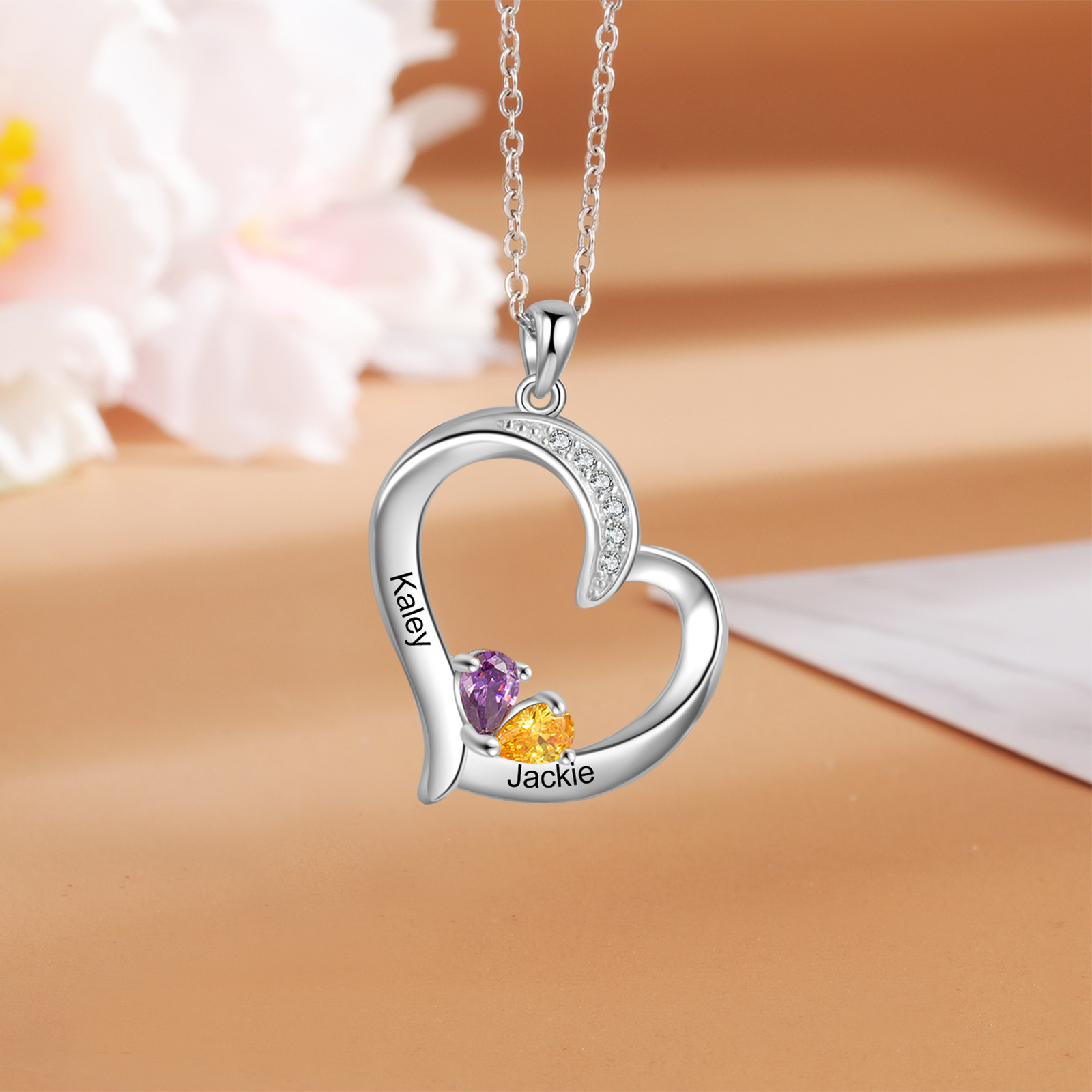 Personalised Heart Necklace With 2 Birthstones Engraved Names Gift For Her-Jessemade AU