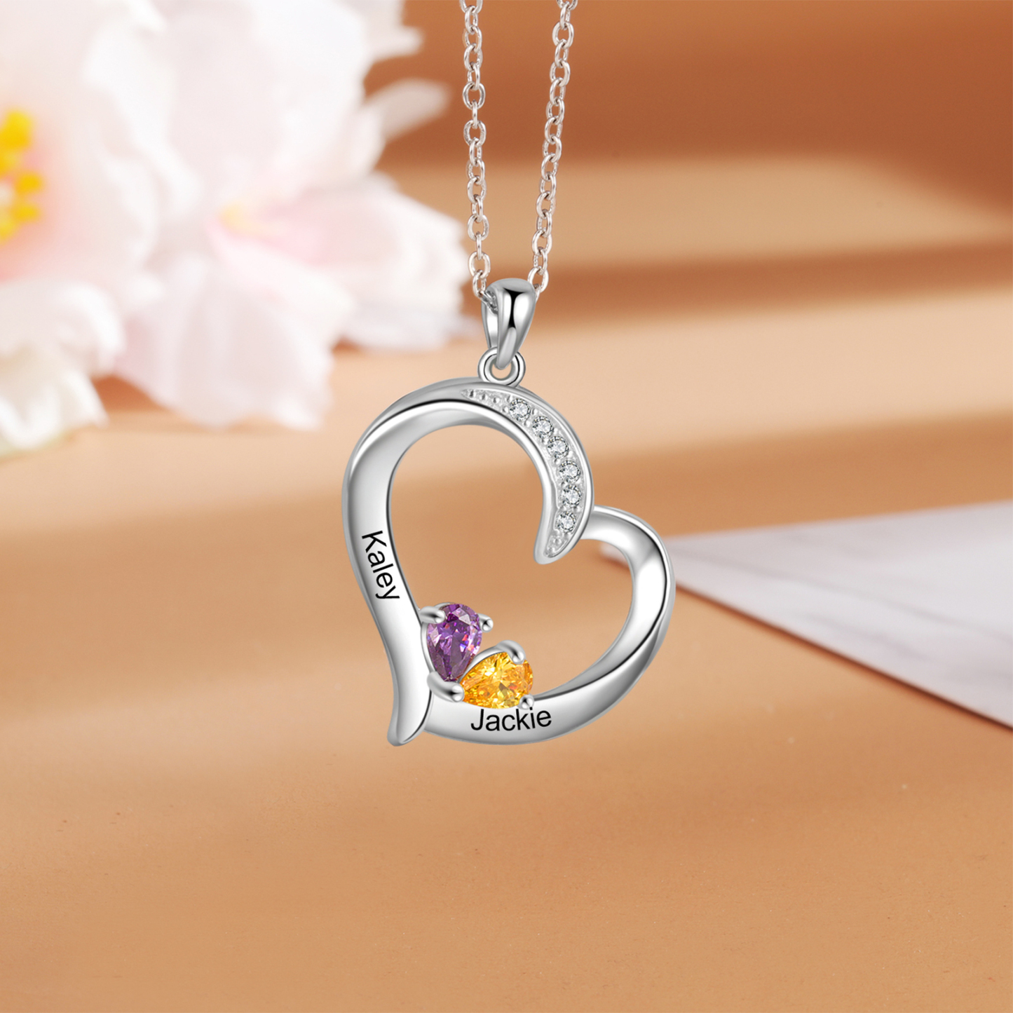 Personalised Heart Necklace With 2 Birthstones Engraved Names Gift For Her-Jessemade AU