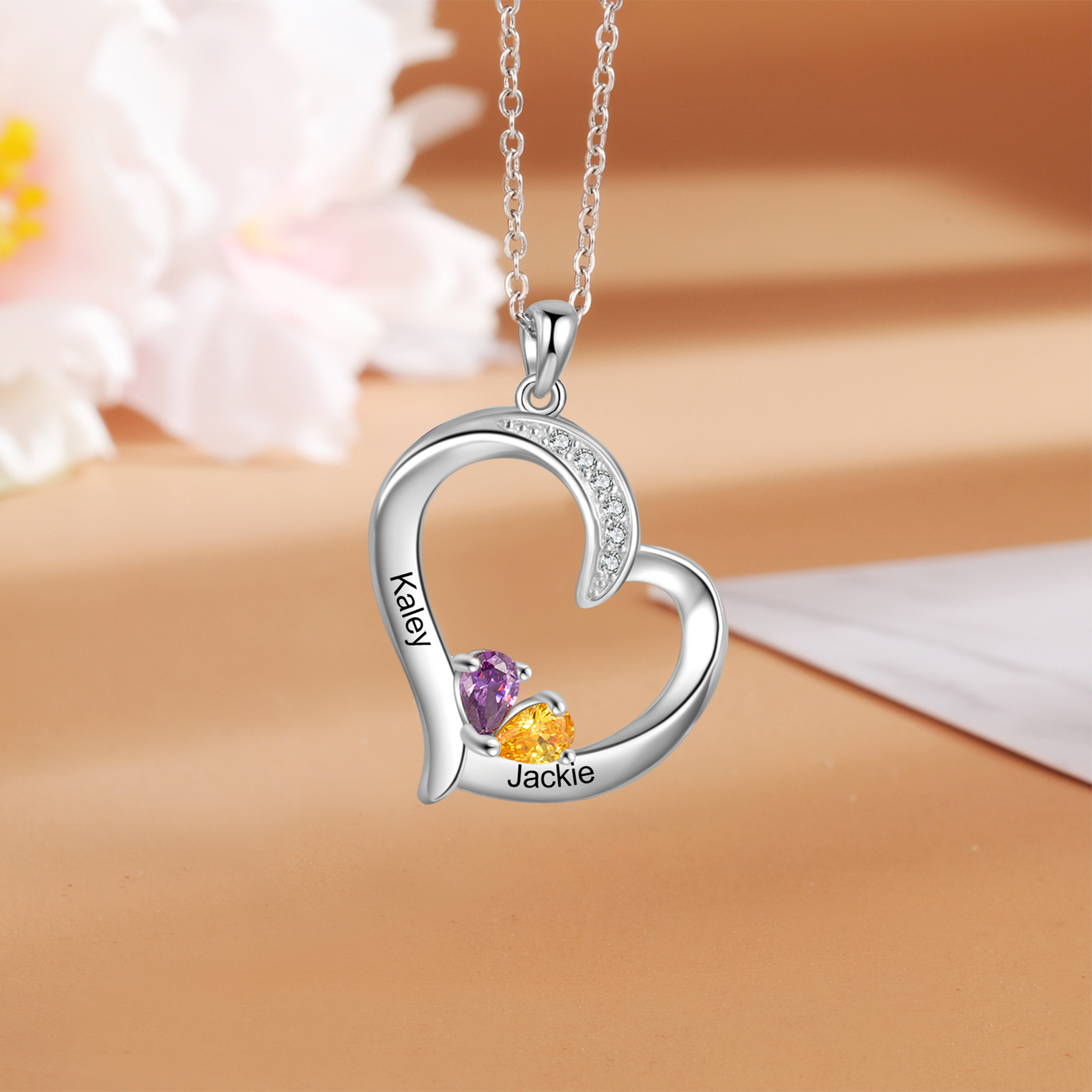 Personalised Heart Necklace With 2 Birthstones Engraved Names Gift For Her-Jessemade AU