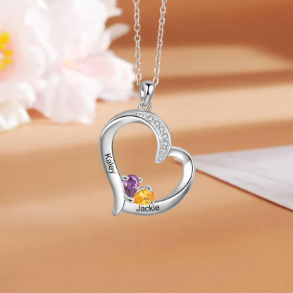 Personalised Heart Necklace With 2 Birthstones Engraved Names Gift For Her-Jessemade AU
