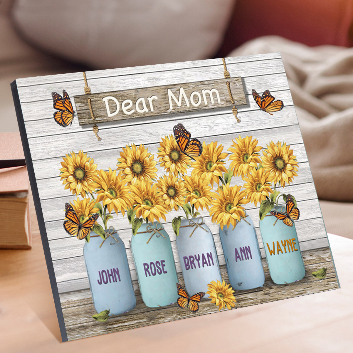 Dear Mom Sunflowers Picture Board Personalised 5 Kids Names Family Keepsake Wood Signs Photo Frame-Jessemade AU