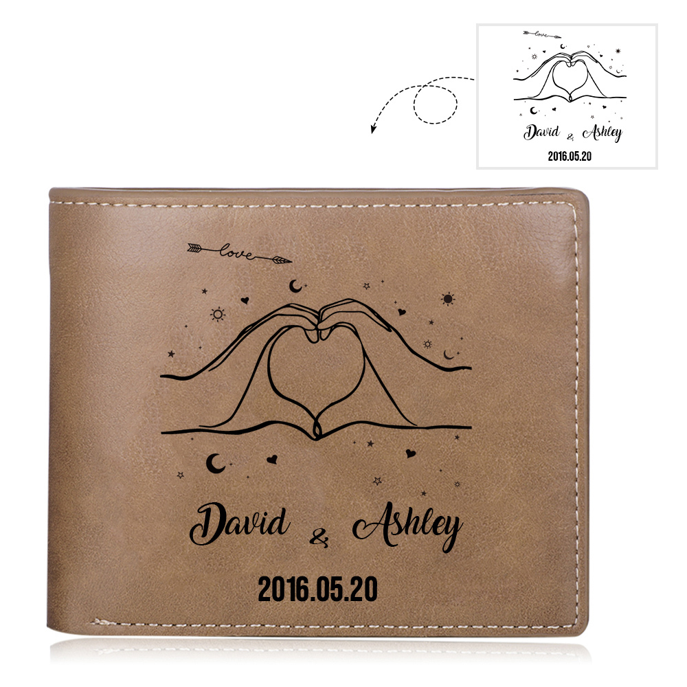 Personalised Leather Wallet Customised 2 Names & Date Wallet Heart Valentine's Day Gifts for Husband/Boyfriend-Jessemade AU