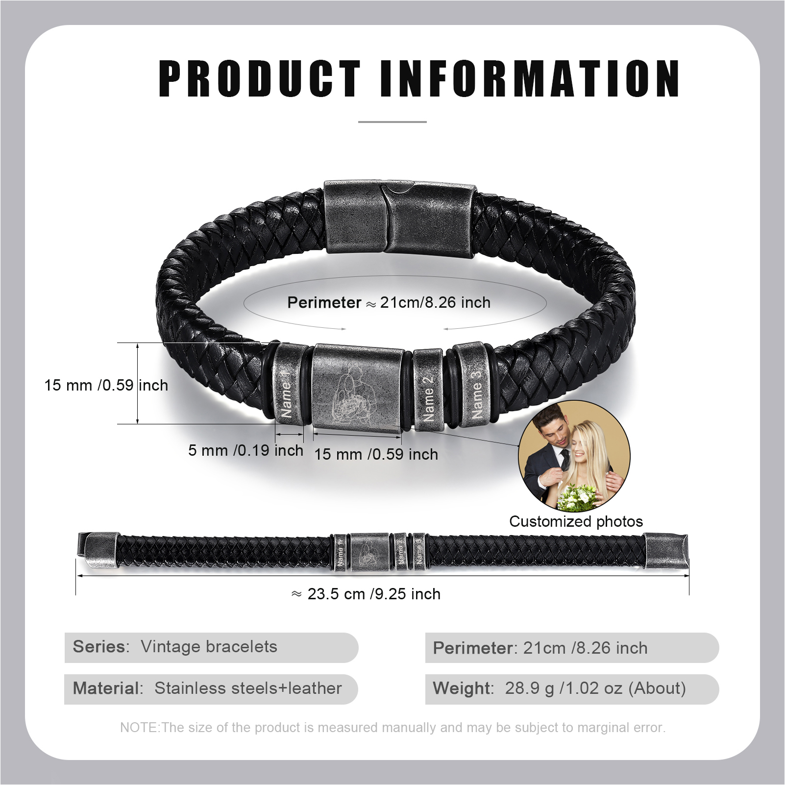 3 Names - Personalised Men's Leather Braided Bracelet Custom Name & Photo Bracelet Vintage Gift for Him-Jessemade AU