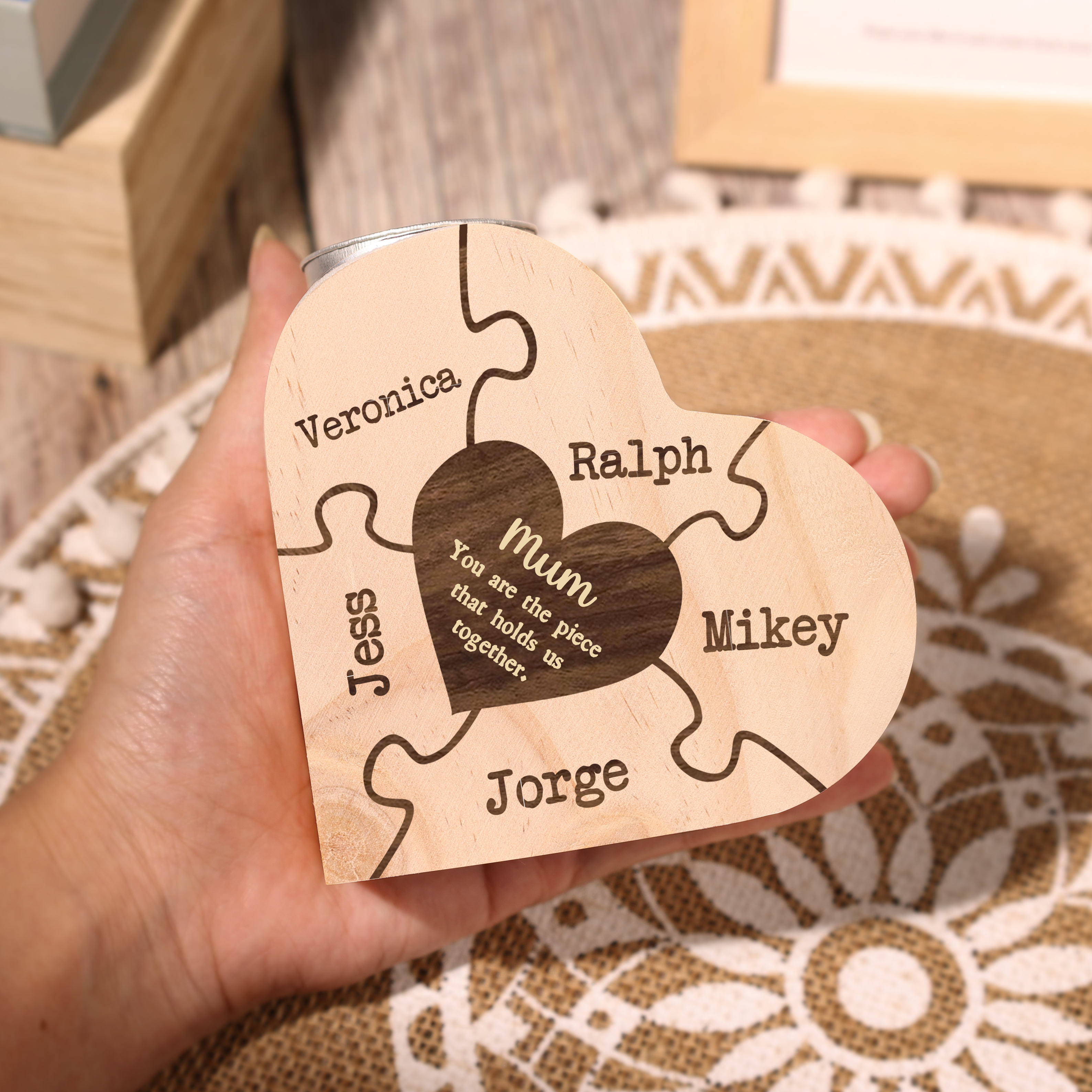 To My Mum Personalised 5 Names Puzzle Candle Holder Wooden Candlestick "You Are The Piece That Holds Us Together"-Jessemade AU