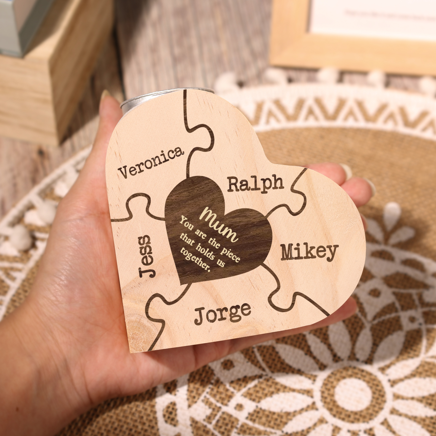 To My Mum Personalised 5 Names Puzzle Candle Holder Wooden Candlestick "You Are The Piece That Holds Us Together"-Jessemade AU