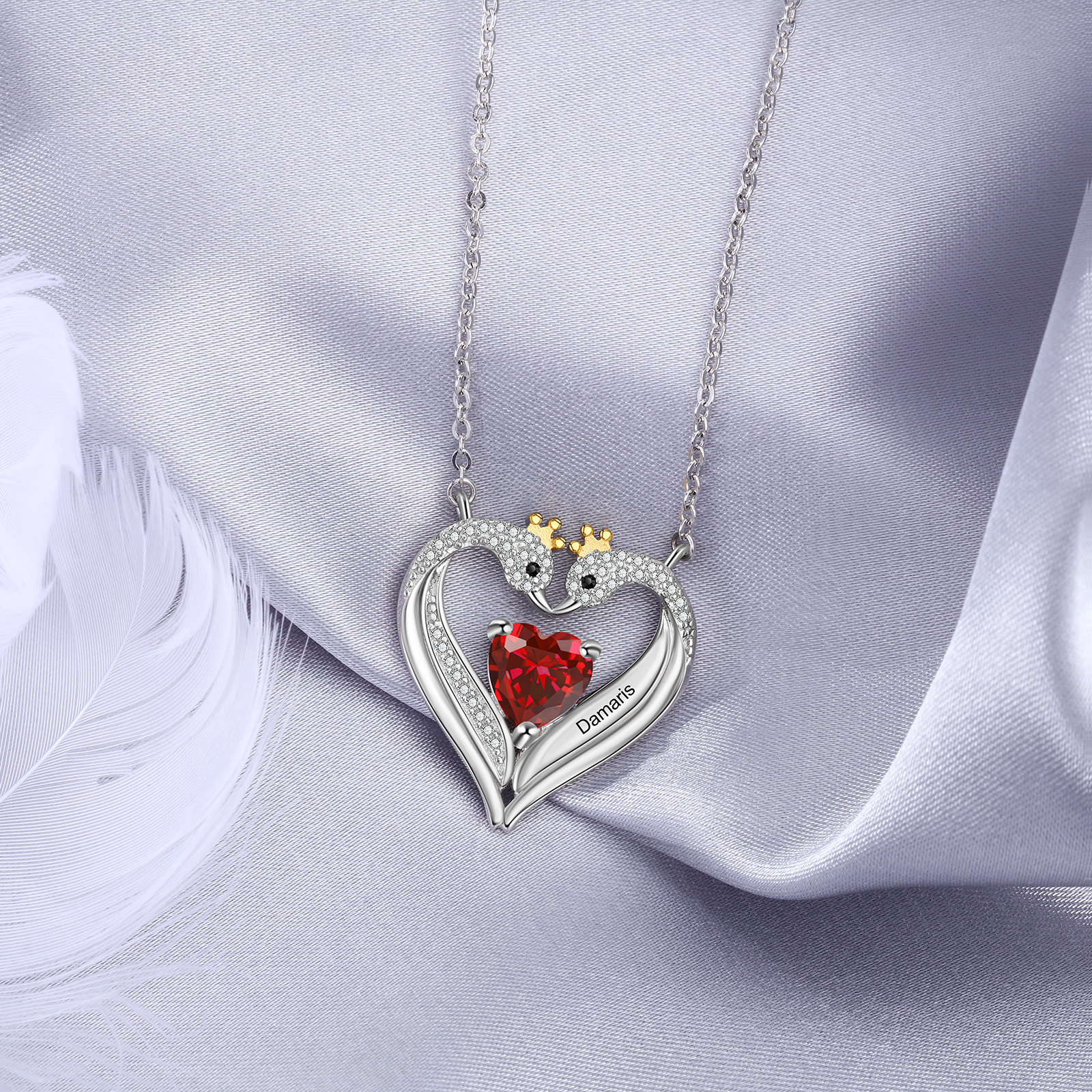 Personalised Heart Swan Necklace With 1 Birthstone Engraved Names Necklace Gifts For Her-Jessemade AU
