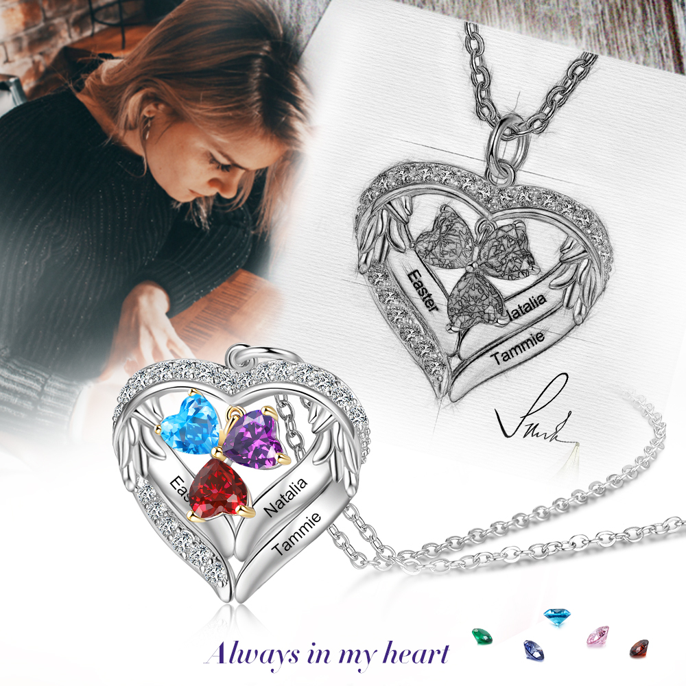 Personalised Wings Necklace With 3 Heart Birthstones Engraved Names Gift For Women-Jessemade AU